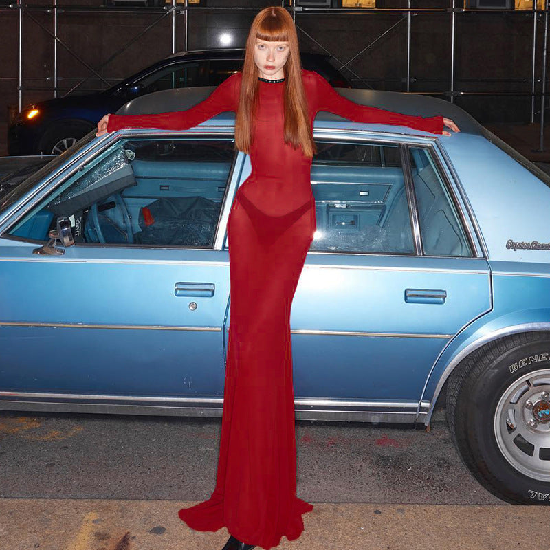 Autumn Women Clothing Sexy Mesh Backless Lace up Long Sleeve Super Maxi Dress for Women Bella Mia